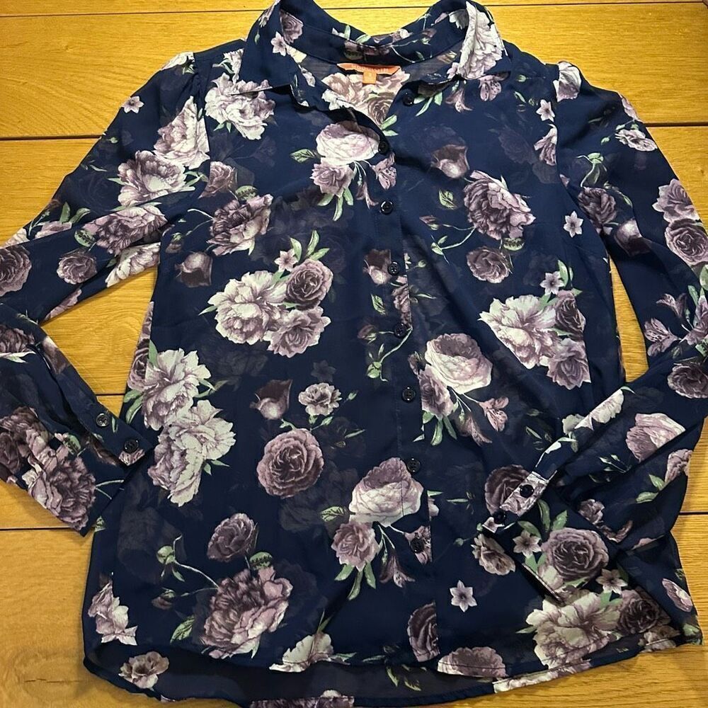ModCloth sheer navy floral blouse small